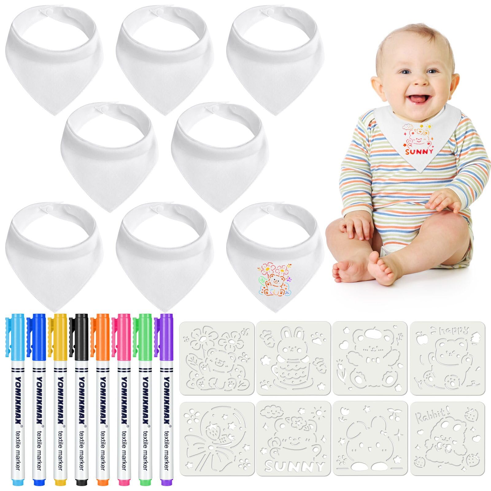 Aolso Baby Bibs for Painting, 8 Pieces Baby White Bibs, Waterproof Bibs for Baby with 8 Textile Pens and 8 Painting Stencils, Gift for Baby Shower Party, Drool Bib (40 x 29 cm)