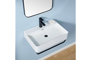 VALISY Wall Mounted Sink White with Towel Rack, 24"x16" Vessel Sink Rectangle, Wall Mount Floating Bathroom Sinks Wall Hung Porcelain Ceramic Modern Sink With Single Faucet Hole and Overflow