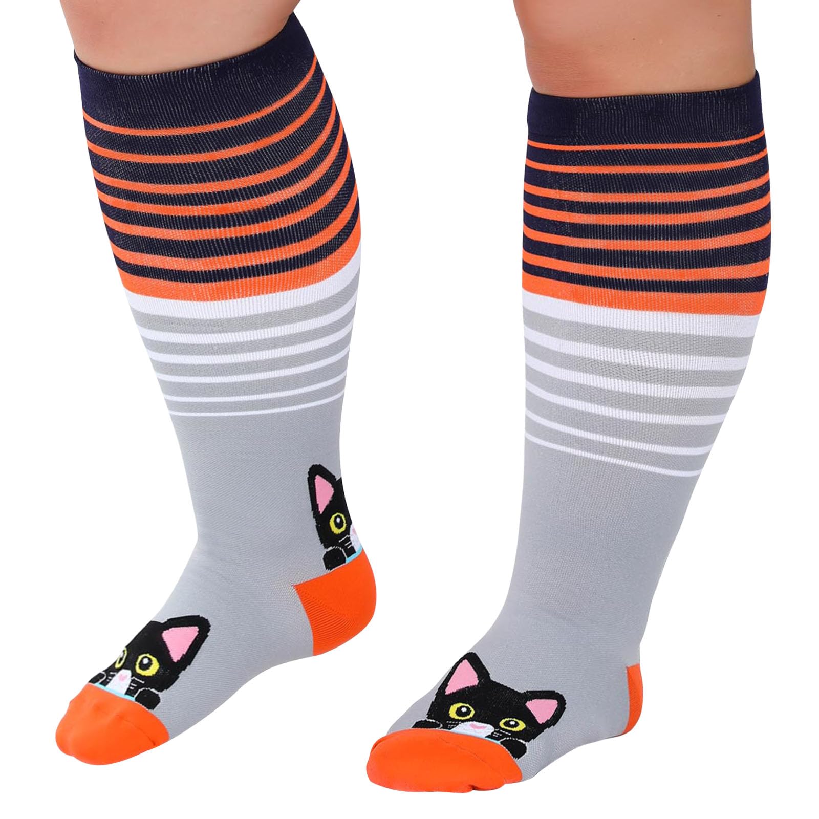 PUTUO Wide Calf Compression Socks: Plus Size Compression Socks for Women with Cat Pattern Medical Compression Stockings for Men for Support Flight Varicose Pregnancy 20-30 mmHg Light Gray 4XL 1 Pair