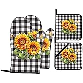 4 Pieces Buffalo Plaid Sunflower Oven Mitts and Pot Holder Set Black and White Sunflower Oven Gloves and Hot Pads Pot Holders for Farmhouse Kitchen Accessories and Decoration