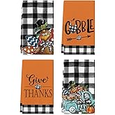 Artoid Mode Buffalo Plaid Turkey Thanksgiving Kitchen Towels Dish Towels, 18x26 Inch Fall Truck Gobble Pumpkin Decoration Hand Towels Set of 4