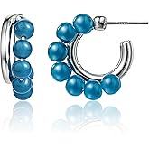 Aliyoham Blue Beaded Double Hoop Earrings, Huggie Hoop Earrings for Women, Boho Silver Earrings with Blue Beads Jewelry Gift