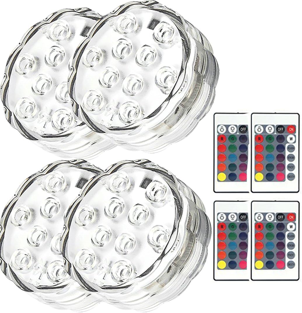 HOTSO Waterproof Underwater Lights, 4 Pack Submersible LED Lights with Remote Control RGB Multicolor LED Pond Lighting Set for Vase Base Hot Bath Tub Fish Tank Waterfall Decoration Light