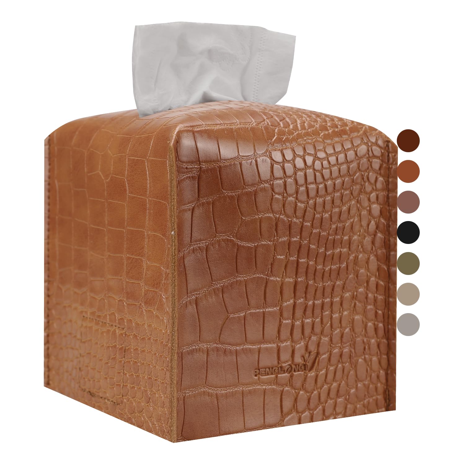 PENGLONG Tissue Box Cover 5X5X5'' PU Leather Tissue Holder Square Tissue Cube Box Organizer for Bathroom Vanity Countertop, Car, Night Stands, Office, Home, Kitchen (SnakeApricotYellow, 1Pack)