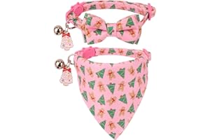 ADOGGYGO Pink Christmas Cat Collar with Bowtie Bandana, Xmas Kitten Bow Bandana, Christmas Collars for Cat Kitten