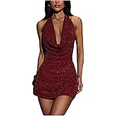 OYOANGLE Women's Rhinestone Sequin Sparkly Cocktail Party Mini Dress Sleeveless Halter Ruched Glitter Club Wear Outfits