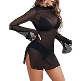 Avidlove Mesh Mini Dresses for Women Bell Sleeves Bodycon Turtle Neck Split Lingerie Dress Vacation Party Outfits Clubwear
