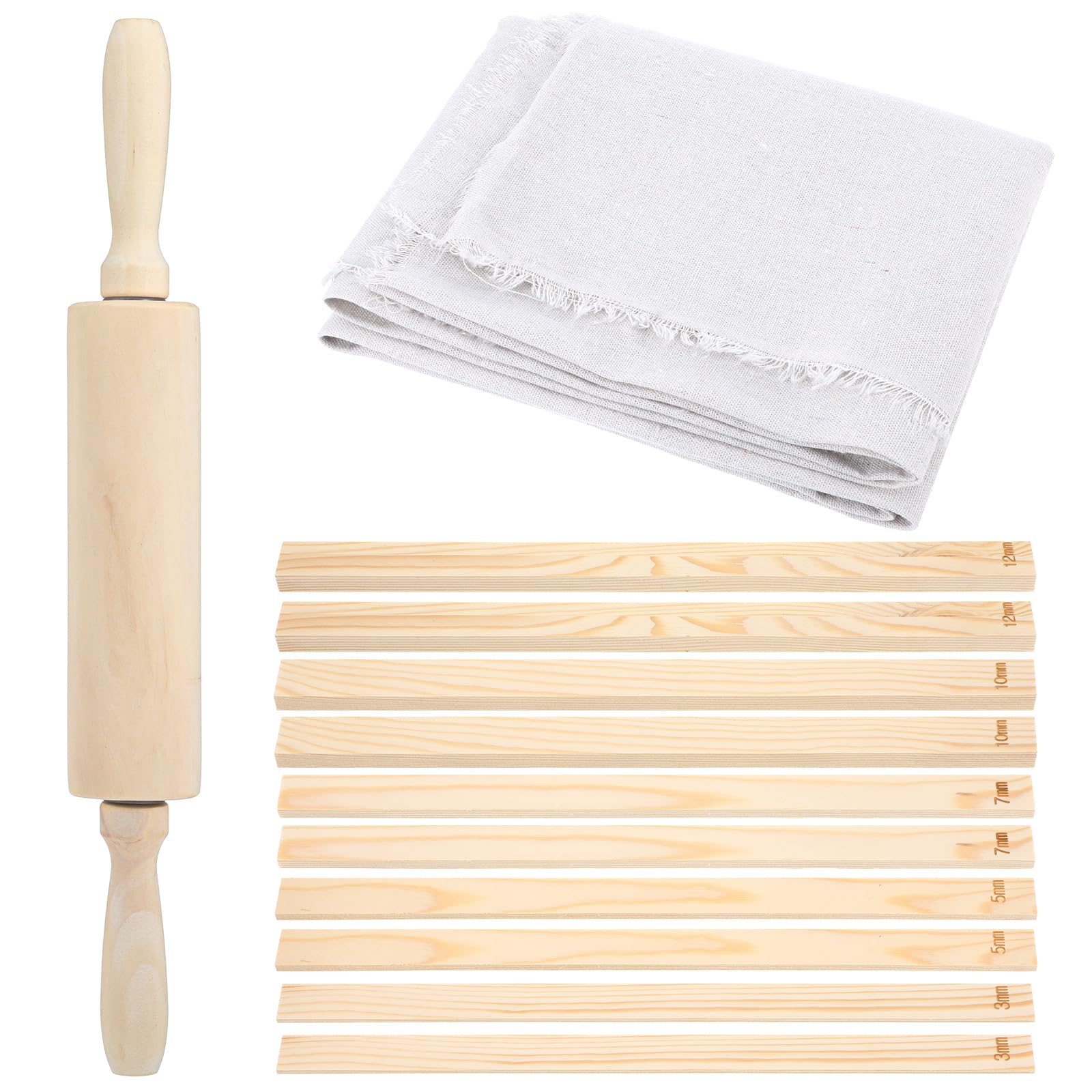 Photo 1 of 12Pcs Pottery Tools, 1 Clay Rolling Pin 10Pcs 5 Size Pottery Wooden Rolling Pin Guides Sticks 1 Special Linen Clay Depth Guide Tools