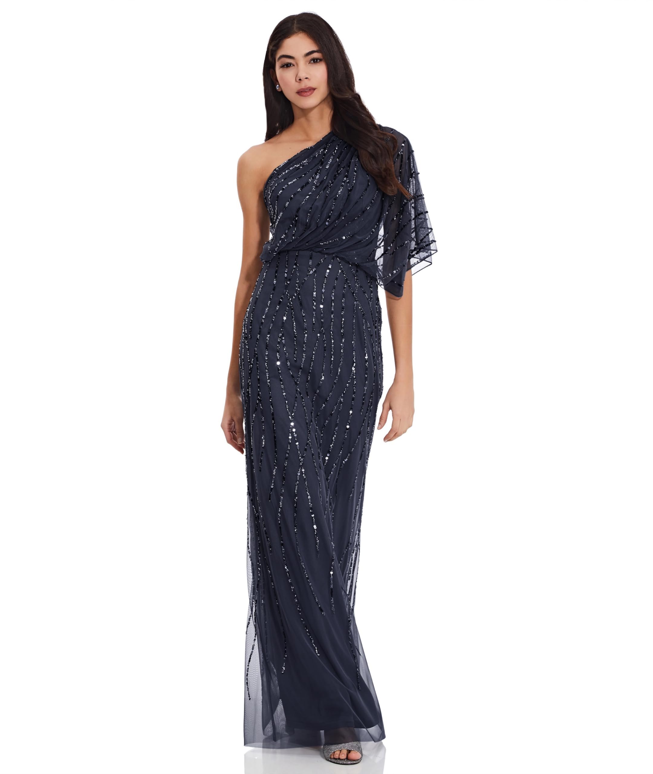 Adrianna Papell Women’s Long Beaded Dress, Dusty Navy, 16