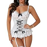 Gulinala Womens Lingerie Sets Sexy Lace Bodysuit with Garter Skirt Bow Front Babydoll Lingerie