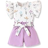 Vitalique 3-8T Toddler Kid Girl Outfits Clothes Ruffle Short Sleeve Floral T-Shirt Top Summer Shorts with Belt