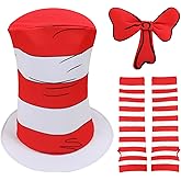 Wizland Accessories for Read Book Day Costume，Cat Hat in White and Red Stripe Print Suit，Book Character Cosplay for Kid Adult