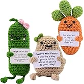 JoyChoi Emotional Support Plush - Positive Crochet Potato, Pickle & Carrot, Cute & Funny Birthday, Anniversary, Christmas, Graduation Gifts, Room or Office Desk Decor for Women & Men (3 PCS with Base)