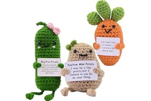 JoyChoi Emotional Support Plush - Positive Crochet Potato, Pickle & Carrot, Cute & Funny Birthday, Anniversary, Christmas, Graduation Gifts, Room or Office Desk Decor for Women & Men (3 PCS with Base)
