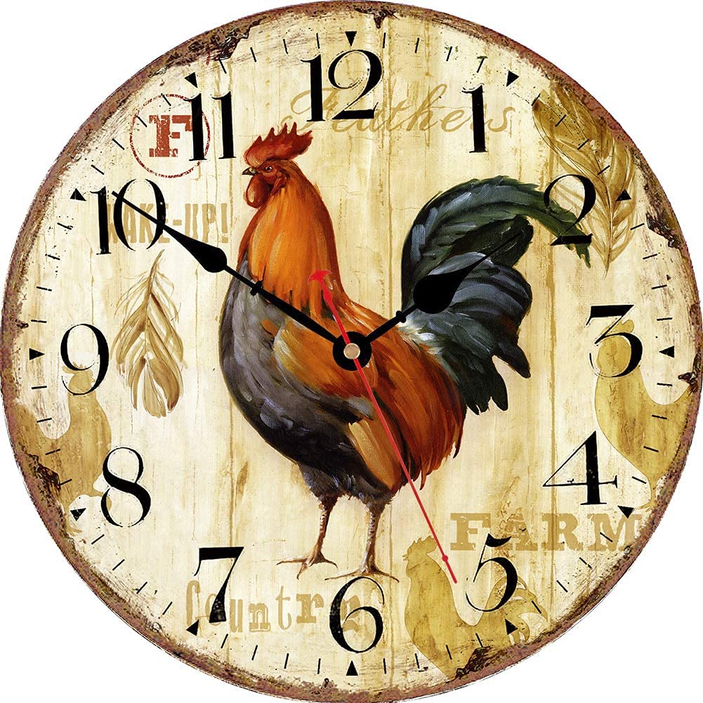 VIKMARI Home Arabic Numerals Wall Clock, Rustic Rooster Style, Silent Non-Ticking Quartz Wooden Clock, 14 Inch Art Wall Decorative Large Wall Clock for Living Room,Bedroom,Kitchen and Office