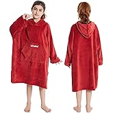 Hiturbo Kids Towel Changing Robe: Soft Plush Wearable Blanket - Warm Coral Fleece Hoodie - Swim Surf Poncho for 5-12 Years (Red)