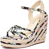 getmorebeauty Women's Espadrille Wedge Sandals Flower Pattern Ankle Strap Open Toe Platform High Heel Sandals Dress Shoes