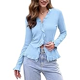 DYLH Ribbed Long Sleeve Tops for Women Button Down Ruffle Going Out Shirts V Neck Trendy Fall Winter Outfits