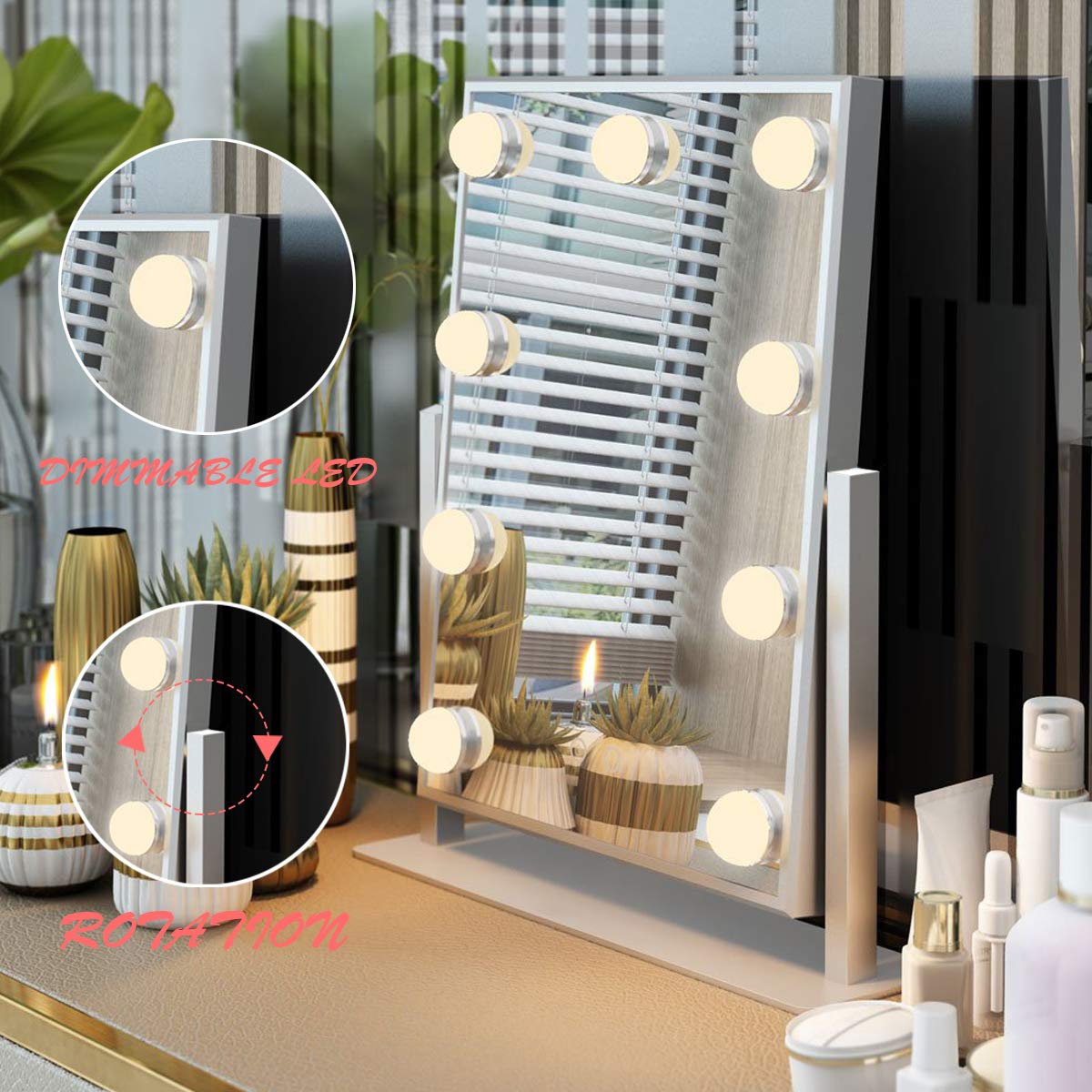 FENCHILIN Hollywood Mirror with Light Large Lighted Makeup Mirror Vanity Makeup Mirror Smart Touch Control 3Colors Dimable Light Detachable 10X Magnification 360°Rotation(White): Furniture & Decor