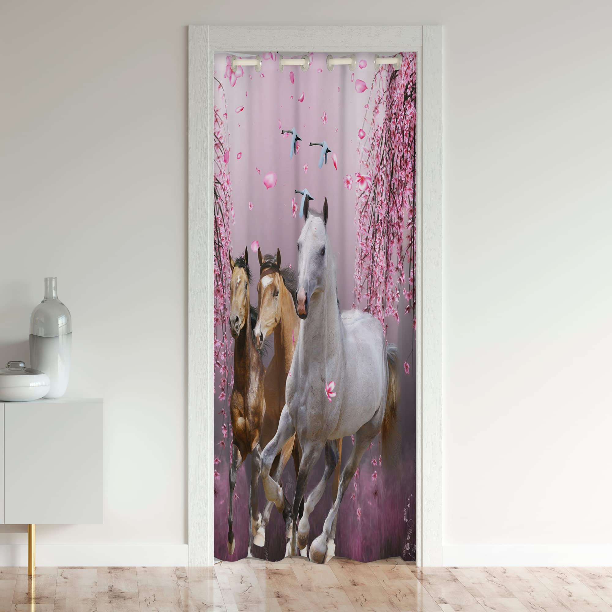 Loussiesd Galloping Horse Door Curtain for Doorway Privacy 132x203cm 1 Panel Botanica Floral Flower Closet Door Cover Curtain Cute Animal Farm Cowboy Room Divider Curtain Cover
