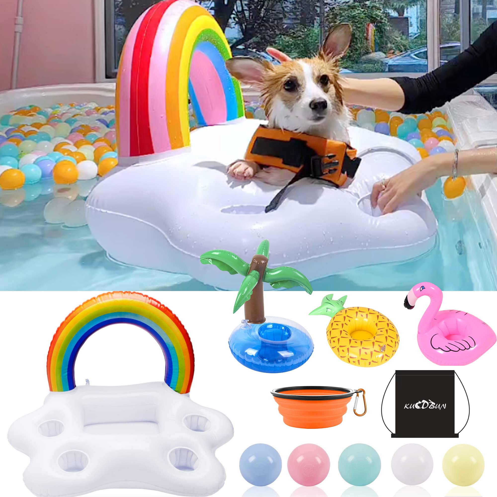 Photo 1 of KUCDBUN Dog Pool Floats Set, Dog Float Raft with Collapsible Dog Bowl, Non-Toxic Floating Dog Water Toys for Small Dog, Puppy and Doggies, Rainbow Cloud