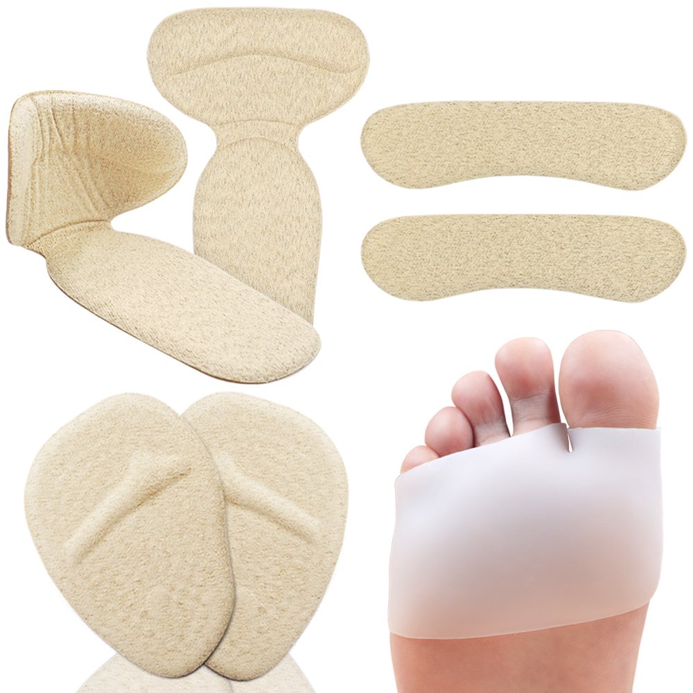 Dr. Foot’s High Heel Pads - Gel Ball of foot Cushions, Metatarsal Pads, Back Heel Shoe Inserts, Heel Snugs, Forefoot and Heel Pain Relief Pad 4 Pairs (Beige)