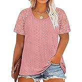 RITERA Plus Size Tops for Women Crewneck Short Sleeve Lace Flower Tshirt Casual Summer Blouse XL-5XL