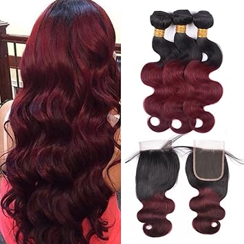 Amazon Com Ombre Peruvian Hair Bundles With Closure 1b 99j Red