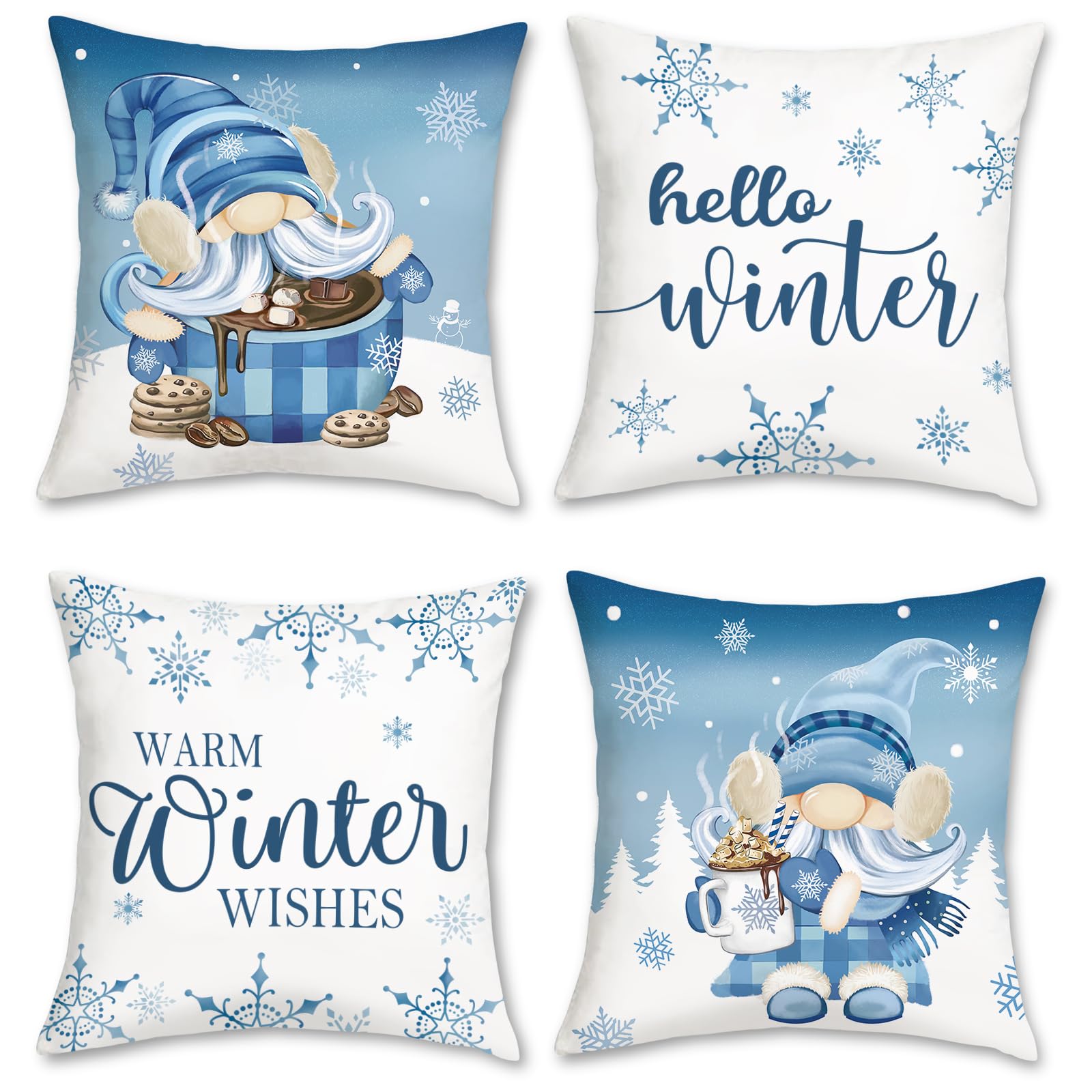 Bonhause Hello Winter Cushion Covers 45 x 45 cm Blue Gnomes Snowflakes Pine Trees Hot Cocoa Decorative Throw Pillow Covers for Sofa Couch Bed Home Holiday Decor Set of 4