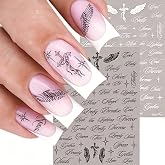 Black White Gothic Italics English Letters Nail Art Stickers, Gothic English Letters Nail Decals 3D Self Adhesive Angel Wings Cross Stars Design 2Pcs Nail Art Supplies for Women Girls Nail Decoration