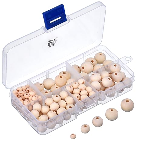 150 Stück Natürliche Runde Holzperlen Set mit Box für DIY Schmuck Herstellung, 5 Größen (6 mm/ 8 mm/ 10 mm/ 12 mm/ 14 mm)