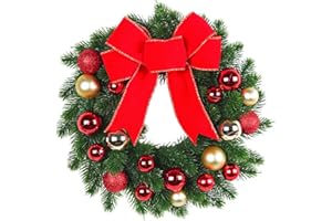VIVIANYO HD 12 Inch Christmas Wreath for Front Door Artificial Xmas Wreath with Bow Red Gold Christmas Ball Wreath Hanging Garland Decoration for Window Fireplace Wall Decor, B