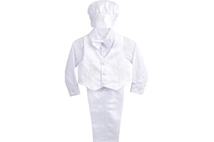 Dressy Daisy Baby Boy Satin Baptism Clothes Christening Outfit with Bonnet 5 Pieces Set Formal White Suit for Infant