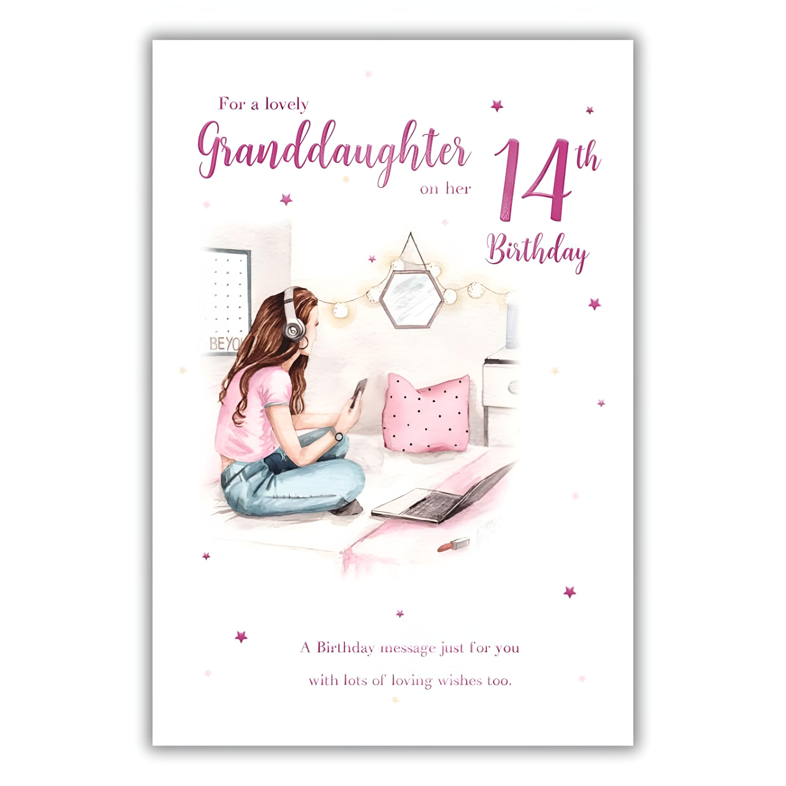 IC&G Girl's Lovely Granddaughter 14th Birthday Card - Happy Birthday Card for Children Age 14 with Artistic Girls Bedroom Design and a Foil Finish
