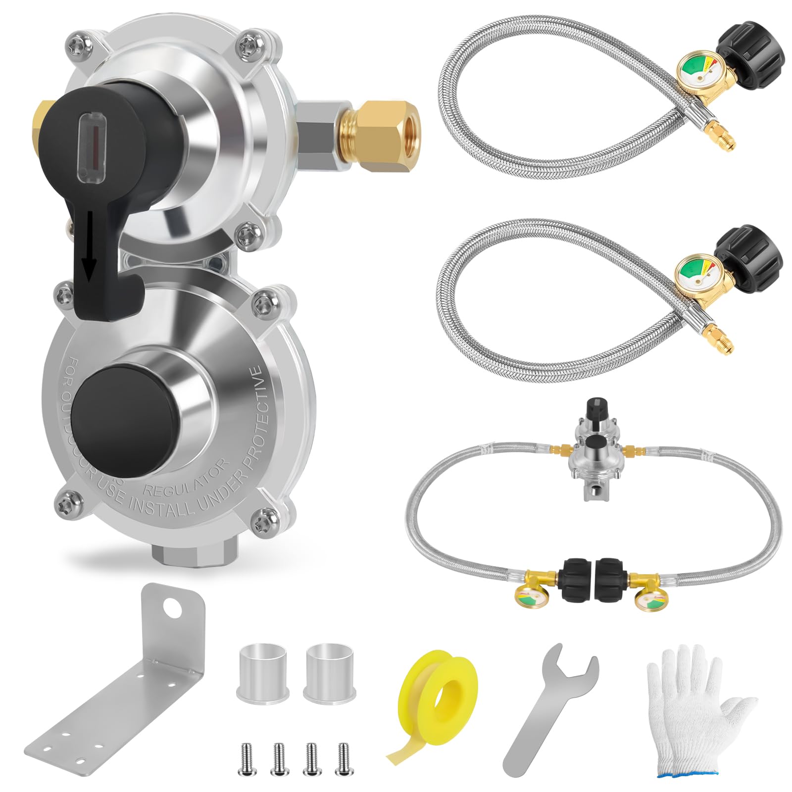 Photo 1 of Zejoot RV Dual Tank Regulator Kit with 2 Hoses, 2-Stage Automatic Changeover Regulator with Gauge, 18'' Stainless Steel Braided Pigtails, Dual Cylinder Connection Kit for RV, Trailer, Camper