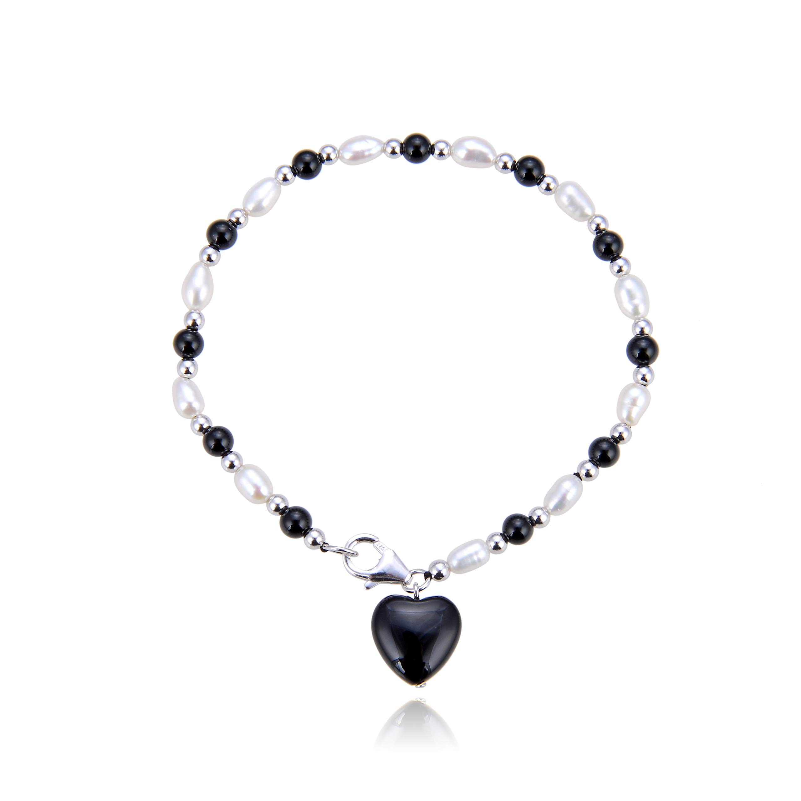 Jo & Co. Black Agate, Pearl and Sterling Silver Bracelet, White Freshwater Oval-Shaped Pearls, Genuine Sterling Silver, Rhodium-Plated 925 Sterling Silver, Attractively Priced