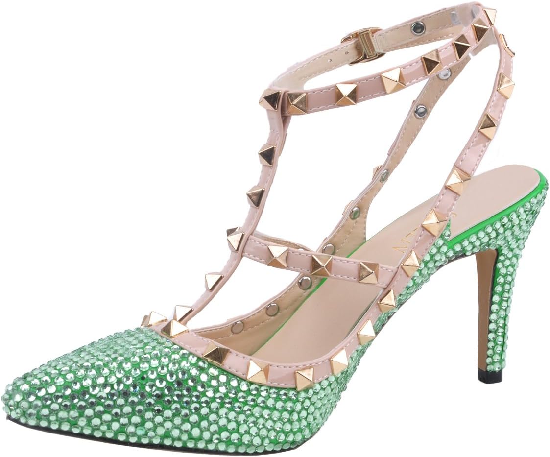 SHOELIN Green Heels-Rhinestone, Closed Toe Ladies Evening Wedding Dress Crystal High Heel Shoes for Strapless Beach Wedding Dresses Simple Bride Dress Chiffon Gown C-MP053