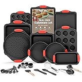 BAKKEN Kitchen Baking Pan Set - Nonstick Coating, Carbon Steel Bakeware Sets with Red Silicone Handles, Baking Kitchen Essentials, PFOA, PFOS, PTFE Free, Oven Safe Tray (Up To 450° F), Set of 18
