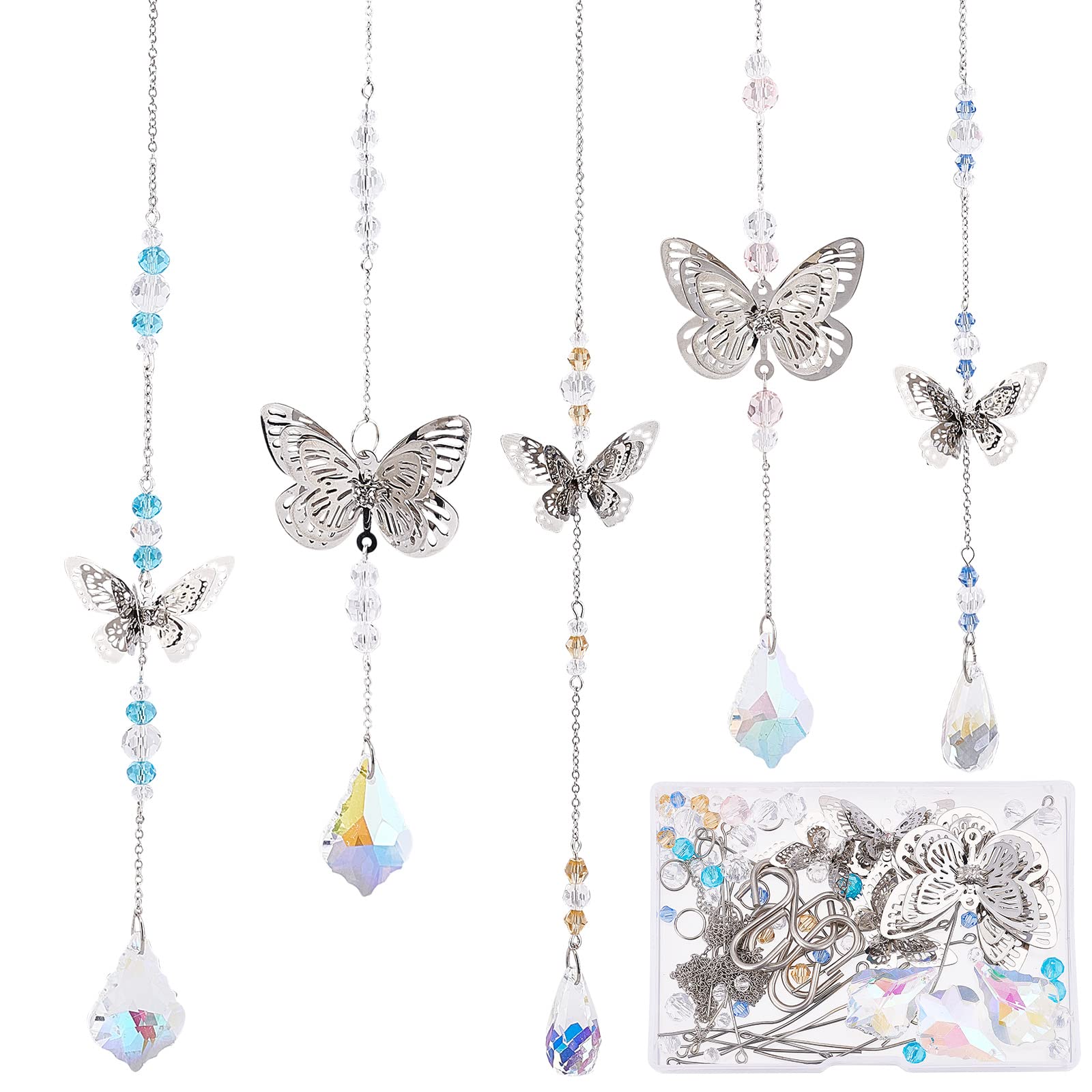 SUNNYCLUE 1 Box DIY 5Pcs Garden Suncatchers Sun Catchers Crystal Suncatchers Hanging Filigree Butterfly Suncatcher Making Kit Rainbow Sun Catcher for Window Outdoor Indoor Hanging Pendant Ornament