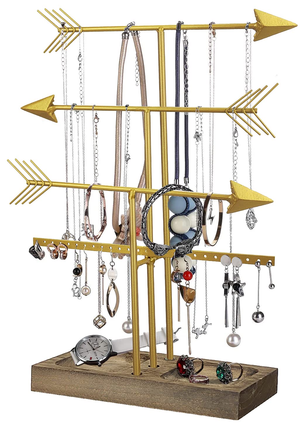 Photo 1 of Urban Deco Arrow Jewelry Organizer Stand 4-Tier Gold Jewelry Stand Necklace Organizer With Wooden Ring Holder For Jewelry Display Bracelet Holder Stand Earring Organizer For Girls - Gold