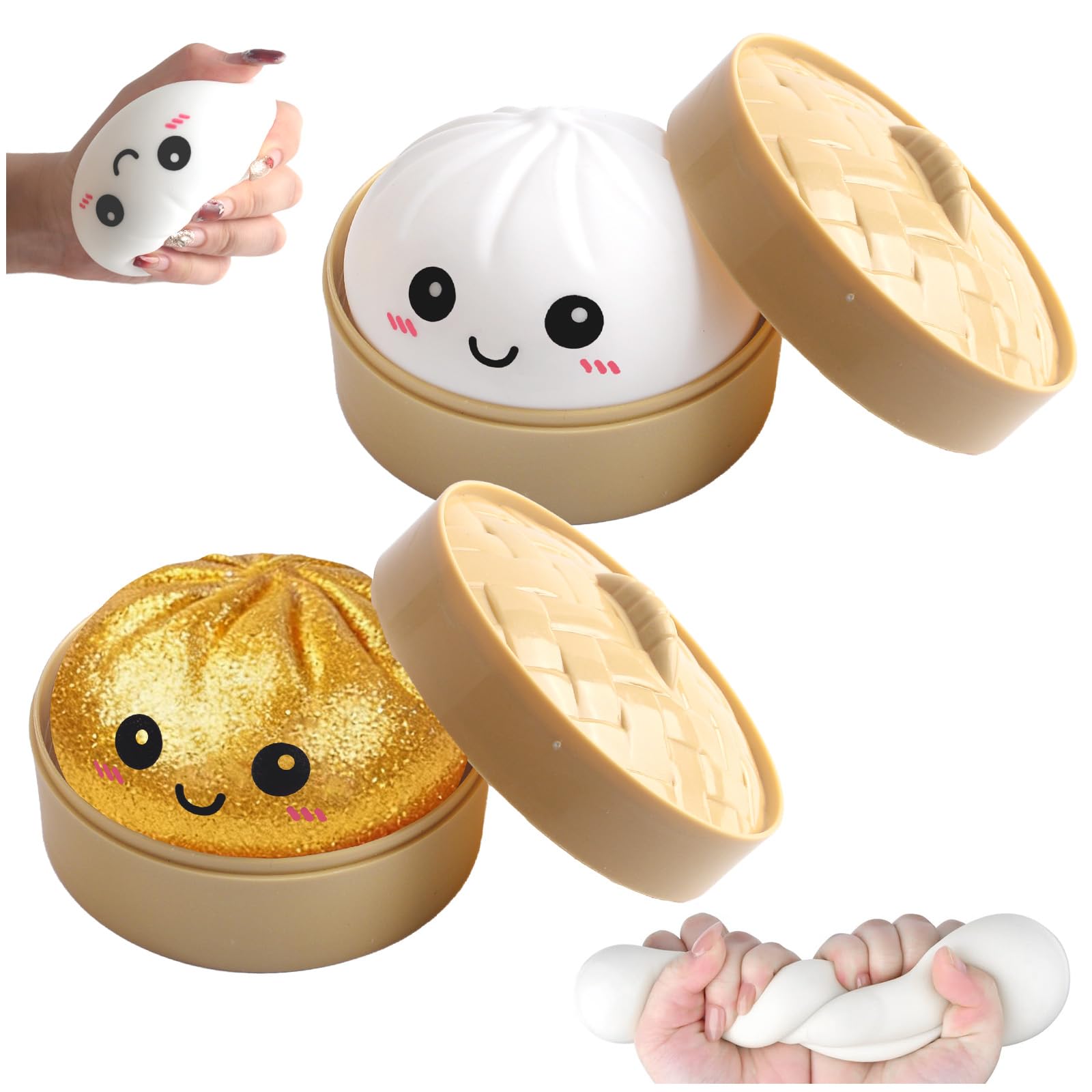 2PCS Giant Glitter Dumpling Squishy,Dumpling Squishy Stress Balls,Squishy Dumplings Toy with Steamer Box,Soft Squeeze Dumplings Squishys,Cute Soft Glitter Calming for Stress Relief,Boys Girls (Gold)