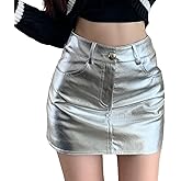 Women's Metallic Silver Bodycon Mini Skirt Sexy PU Leather High Waist Stretchy Short Skirt for Rave Festival