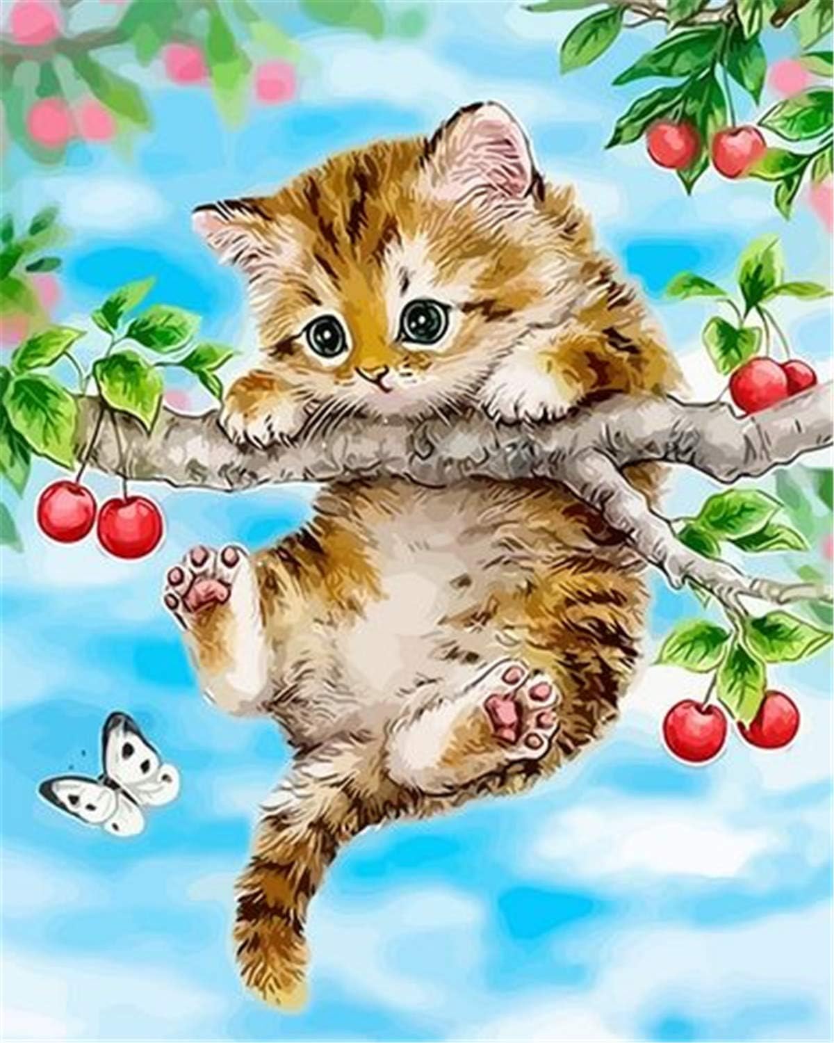 Oxking Paint by Numbers 16x20inch DIY Canvas Oil Painting Kit for Adults Kids Beginner with Brushes and Acrylic Pigment-Cherry Cat(Without Frame)