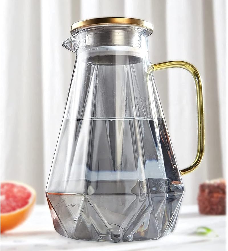 DUJUST Black Diamond Glass Pitcher 1.8L with Lid - Borosilicate Carafe