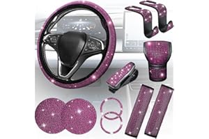 TNAIYH 11PCS/Set Bling Car Accessories Set for Women, Rhinestone Vehicle Steering Wheel Cover Seat Belt Cushion Gear Shift Protector Cup Holder Coaster, Universal Automotive Accessories (Pink)