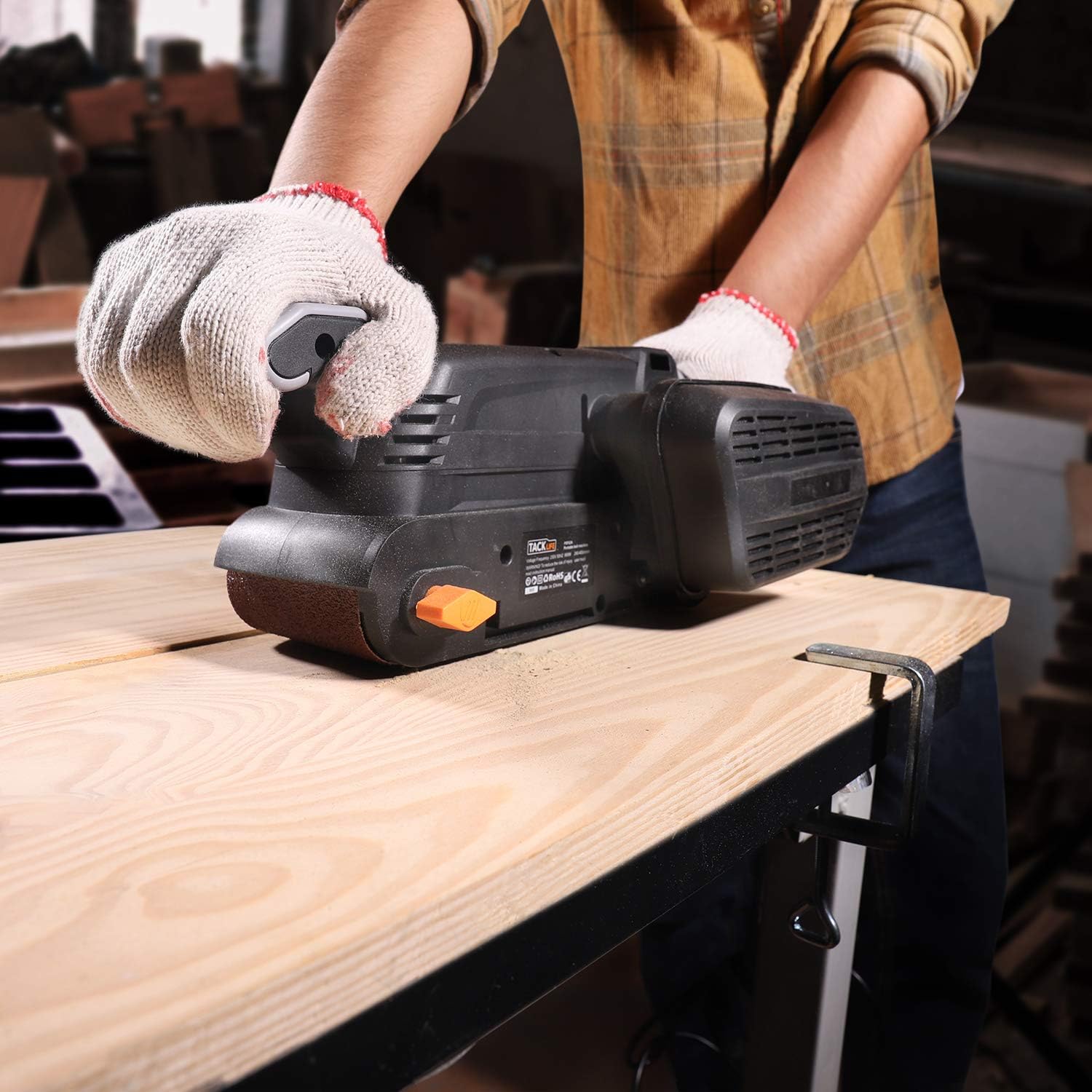 TACKLIFE Belt Sander, 7.5A 900W, 3×21-Inch Bench Sander, Variable Speed 450 to 750RPM with 12 Dials, Fixed Screw Clamp, Vacuum Adapter 32/35mm, Pure Copper Motor, Lock Button for Efficient Work PSFS2A - - 