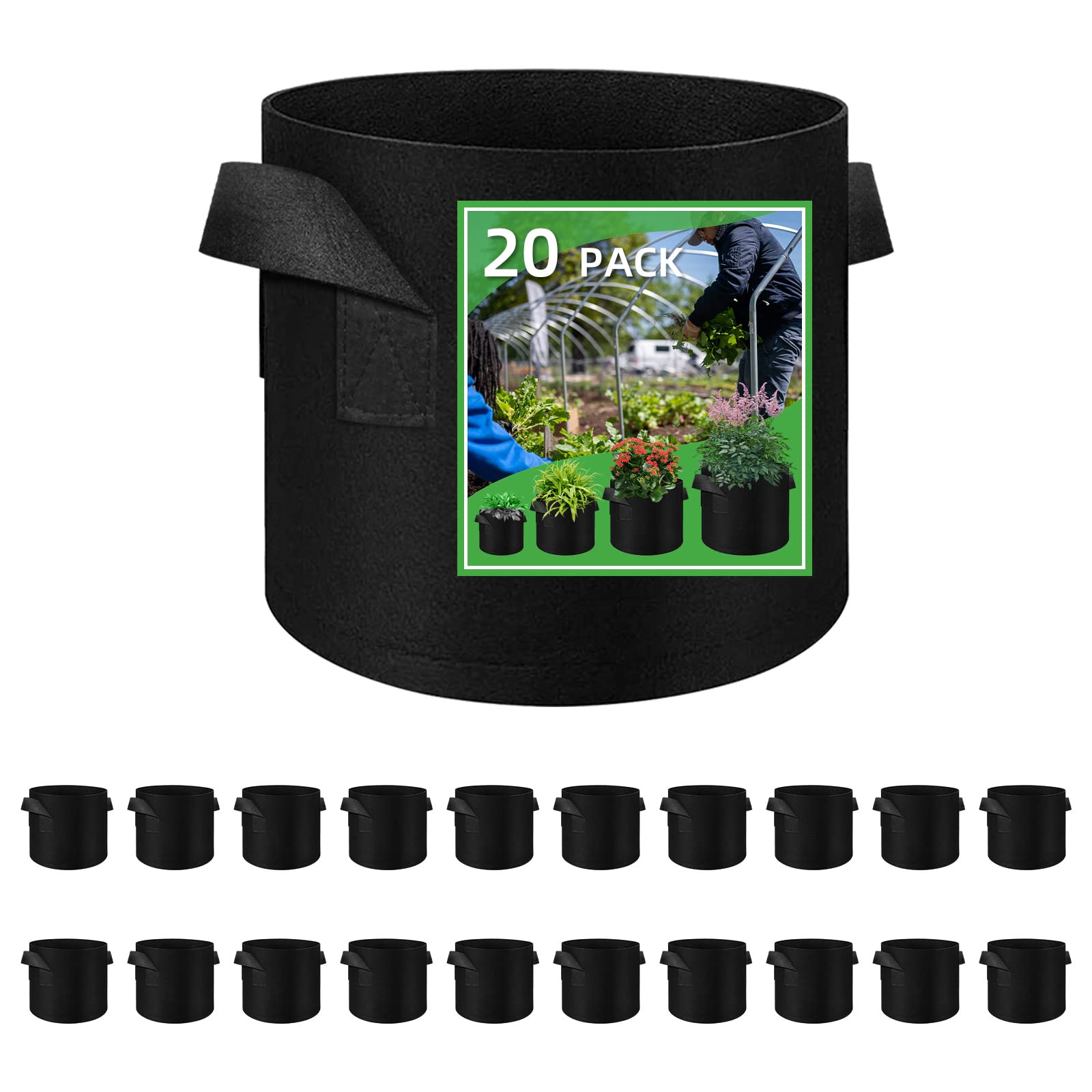 20 Pack Vegetable Grow Bags, Gardening Plant Growing Bags Breathable Non-woven Fabric Plant Pots with Handles Indoor & Outdoor Grow Containers for Vegetable/Flower/Plant/Fruits, 3 Gallon(Black)
