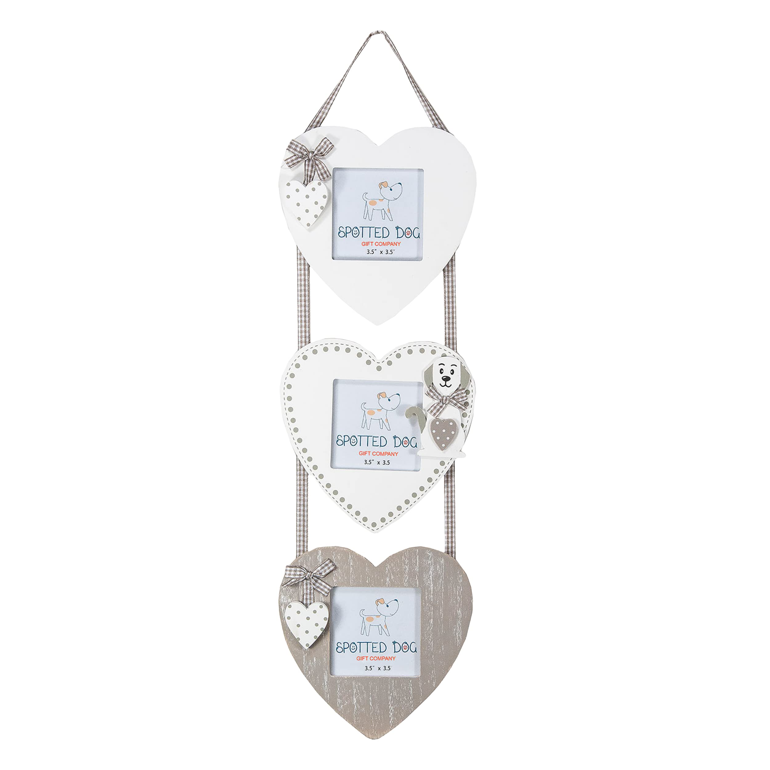 SPOTTED DOG GIFT COMPANY Multi Photo Frames for Wall Hanging, Triple Heart Shaped Wooden Dog Picture Frames for 3.5 x 3.5 Photos, Cute Home Decor Gifts for Dog Lovers Pet Owners - White Grey