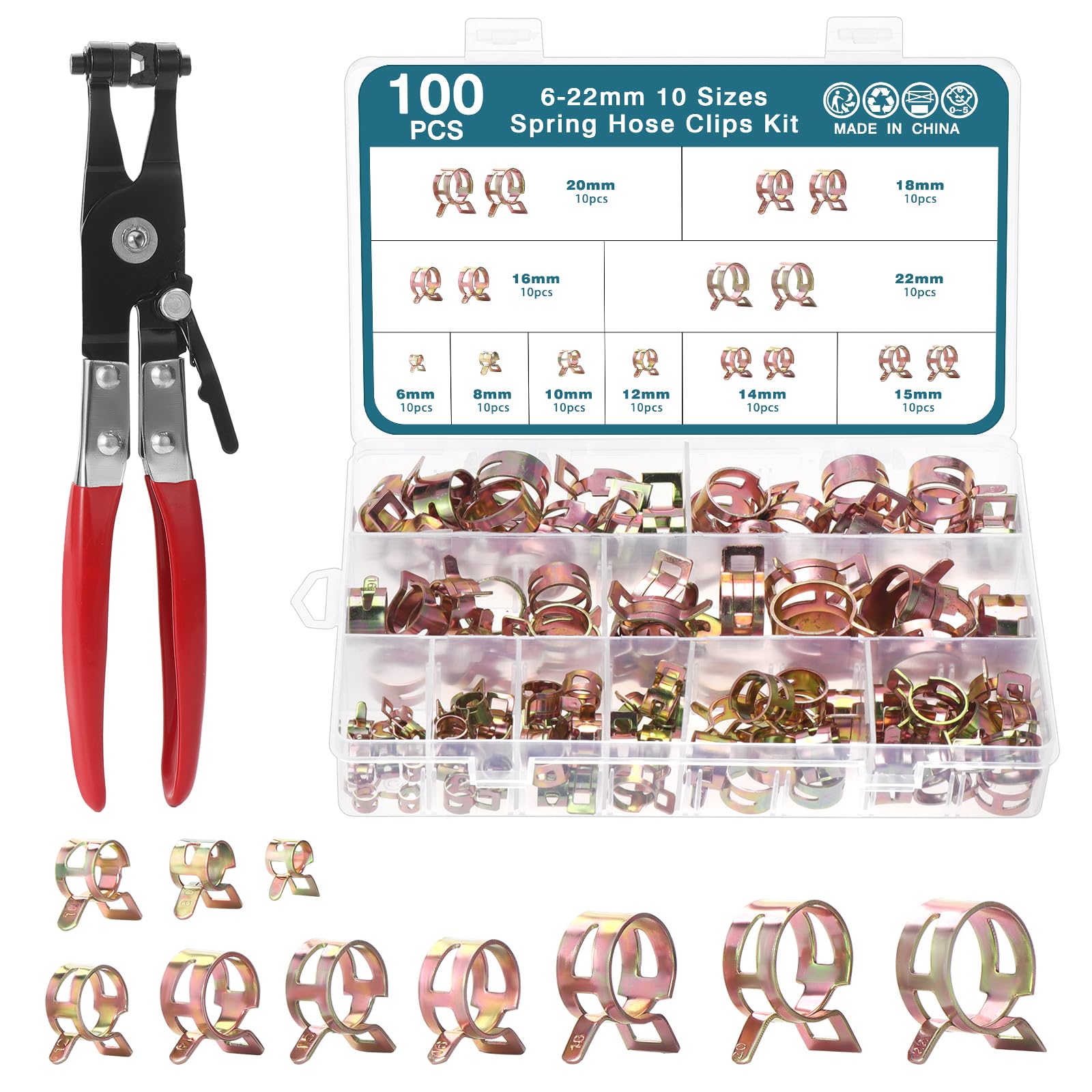 HSEAMALL 100 PCS 10 Size Hose Clips,Spring Hose Clamp Pliers,Fuel Line Pipe Clips 6mm - 22mm Water Pipe Air Tube Silicone Vacuum Hose Clamp Fastener Assortment Kit