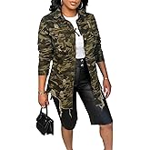Vakkest Ripped Camo Jacket for Women Long Sleeve Casual Distressed Fray Fringe Hem Army Fatigue Trucker Outwear Coat